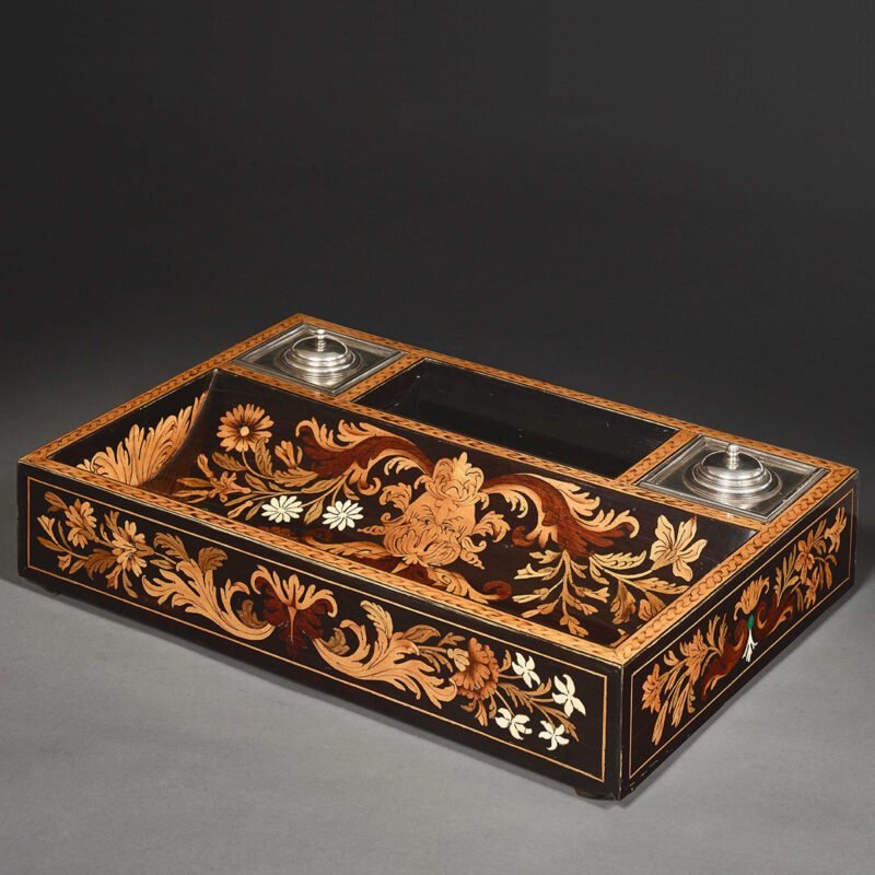 Inkstand in palisander marquetry, inlaid with maple wood flowers and tinted sycamore, mutton bone