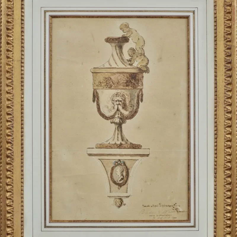 Dessin d’un vase néoclassique signé Foulquier, avec ornements sculptés et figures enfantines.